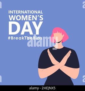 Giornata internazionale delle donne. 8th marzo. Poster con capelli rosa donna con braccia a croce. Hashtag BreakTheBias campagna. Illustrazione vettoriale in stile piatto per Illustrazione Vettoriale