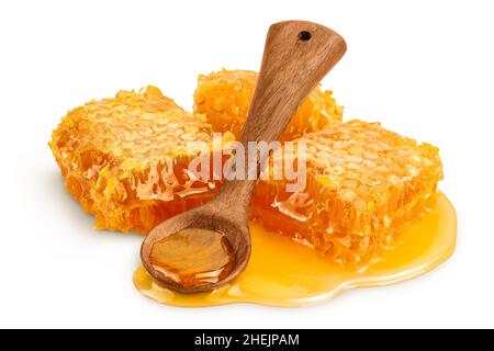 Nido d'ape e pozza di miele con cucchiaio isolato su sfondo bianco con percorso di taglio e profondità di campo piena Foto Stock