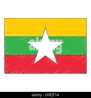 Bandiera disegnata a mano di Myanmar. Icona vettore stile Doodle Illustrazione Vettoriale