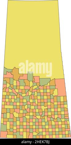 Mappa amministrativa a vettore piatto pastello della provincia canadese DI SASKATCHEWAN, CANADA con linee di confine nere dei suoi distretti rurali e urbani Illustrazione Vettoriale