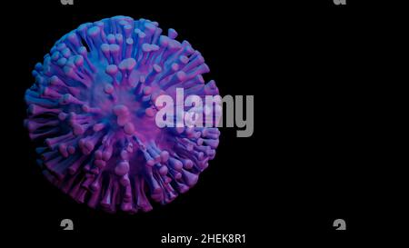 SARS-cov-2 concetto di coronavirus. Microscopio virus close up. 3d rendering con spazio di copia. Foto Stock