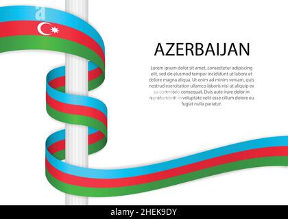 Nastro ondulato su palo con bandiera dell'Azerbaigian. Modello per il design del poster del giorno dell'indipendenza Illustrazione Vettoriale