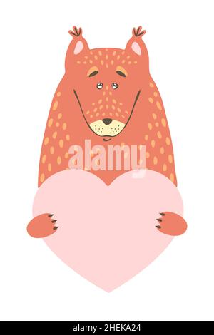 Carino animaletto di scoiattolo arancione cartone animato contiene un segno del cuore con spazio di copia. Set San Valentino biglietto di auguri banner invito opuscolo. Cartone animato ha Illustrazione Vettoriale