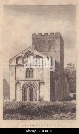 Vista della chiesa di St Mary la Vergine a Iffley, Oxfordshire 1818 vecchia stampa Foto Stock