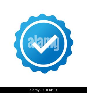 Profilo verificato, contrassegno blu brillante con icona di segno di spunta su bianco Illustrazione Vettoriale