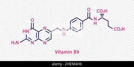 Vitamina B9 formula chimica. Vitamina B9 formula chimica strutturale isolata su sfondo trasparente. Illustrazione Vettoriale