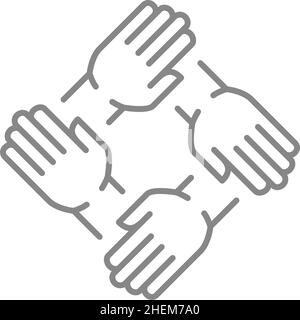 Icona della linea quattro mani unite. Insieme, cooperazione, lavoro di squadra simbolo Illustrazione Vettoriale