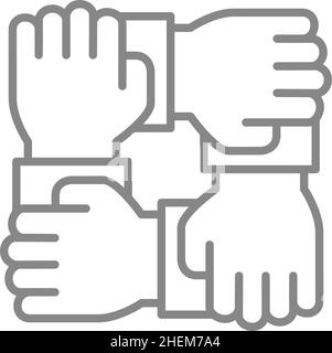 Quattro mani, icona della linea di lavoro di squadra. Insieme, solidarietà, unità simbolo Illustrazione Vettoriale