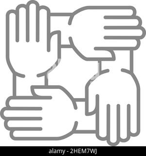 Icona della linea quattro mani unite. Squadra, simbolo del lavoro di squadra Illustrazione Vettoriale