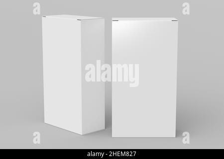 Confezione regalo: Due scatole bianche alte e larghe su sfondo bianco. Visualizza sopra Foto Stock