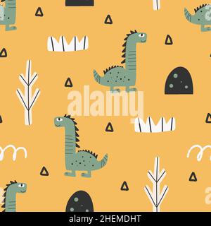 Simpatico motivo dinosauro - disegno a mano di dinosauro infantile senza cuciture modello Illustrazione Vettoriale