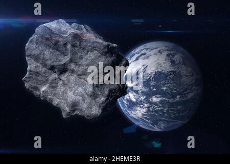 Pianeta Terra e grande asteroide nello spazio. Asteroide nello spazio esterno vicino al pianeta Terra. Elementi di questa immagine forniti dalla NASA. Foto Stock