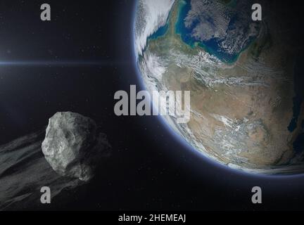 grande asteroide, meteorite o cometa nello spazio vicino al pianeta Terra. Asteroidi potenzialmente pericolosi (PHA). Elementi di questa immagine forniti dalla NASA. Foto Stock