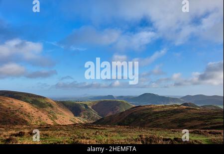 Bodbury Ring, Carding Mill Valley, Caer Caradoc, Hope Bowdler Hill, il Lawley e il Wrekin visto dal Burway sul Long Mynd, Chiesa Stretton, Foto Stock