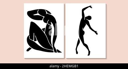 Stile Matisse. Poster artistico creativo di tendenza femminile. Decorazioni a parete, set da collage disegnato a mano. Illustrazione vettoriale. Illustrazione Vettoriale