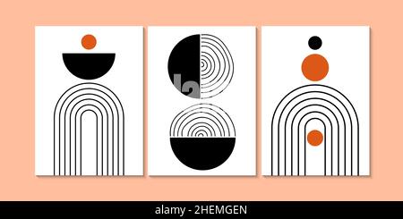 Set di poster astratto in bianco e nero con forme geometriche. Moderno boho minimalista art. Arredamento a parete, copertina, stampa, biglietto. Illustrazione vettoriale. Illustrazione Vettoriale