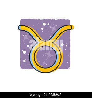 Taurus - segni zodiacali. Simbolo cartoon su sfondo viola. Cartello oroscopo Taurus. Illustrazione Vettoriale