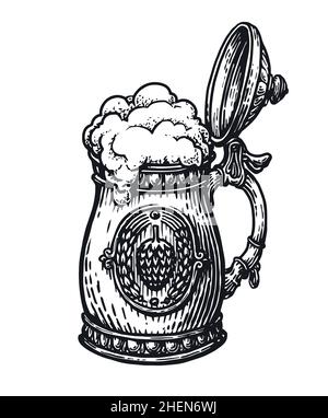 Tazza per birra con coperchio. Birreria, festival dell'Oktoberfest. Illustrazione vettoriale dello schizzo della pinta di birra Illustrazione Vettoriale