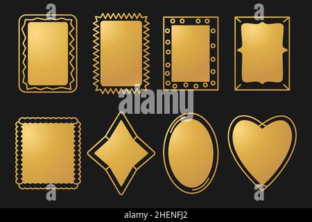 Cornici foto set dorato sfumatura silhouette lineare ricco lusso vittoriano stile isolato su sfondo nero. Progetta adesivi di oggetti di forma diversa piatti per siti web e cartoline. Illustrazione vettoriale Illustrazione Vettoriale