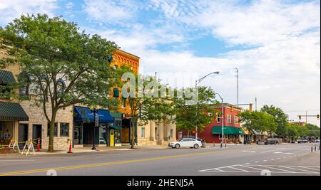 Goshen, Indiana, Stati Uniti d'America - 21 agosto 2021: Il quartiere degli affari in Main Street Foto Stock