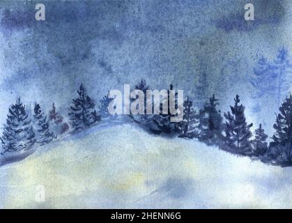 Paesaggio con nebbia foresta invernale e montagne. Illustrazione dell'acquerello. Pittura orientale Foto Stock