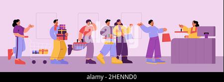 La gente si trova nella coda del centro commerciale. I clienti con sacchetti di carta e scatole regalo in attesa di girare in linea al negozio con donna cassiere alla scrivania. Vendita, acquisti e acquisti, illustrazione vettoriale piatta di Line art Illustrazione Vettoriale