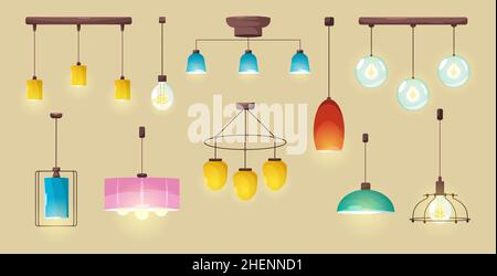 Lampade da soffitto, lampade elettriche luminose, lampade moderne di forme diverse e design appesi dall'alto. Attrezzatura luminosa, lampadari a incandescenza isolati per illustrazione vettoriale Cartoon sala, set Illustrazione Vettoriale