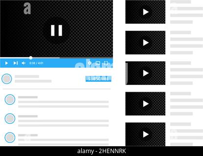 Lettore video desktop con elementi di progettazione di siti Web. Modello di design dell'interfaccia del lettore video. Illustrazione Vettoriale