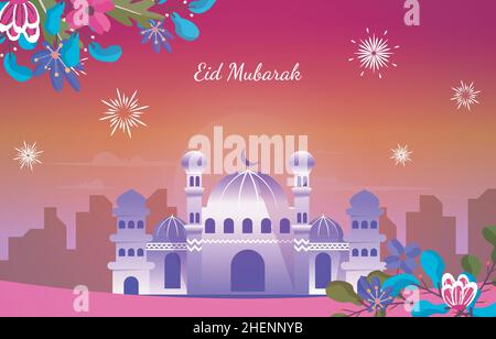 Night Mosque Eid Mubarak Islamic Celebration Vector Illustration Illustrazione Vettoriale