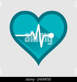 Icona del simbolo medico-sanitario a forma di cuore con ombra sul simbolo medico soft. L'edizione è accompagnata da un'elegante onda di heartbeat verde Illustrazione Vettoriale