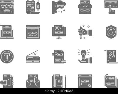 Set di icone grigio copywriting. Macchina da scrivere, presentazioni, Web site dei produttori, stampatrice, lettere, Testo pubblicitario, busta, pila di note e altro ancora. PA Illustrazione Vettoriale