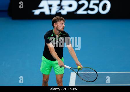 Sydney, Australia. 12th Jan 2022. David Goffin del Belgio serve a Denis Kudla degli Stati Uniti durante il Sydney Tennis Classic 2022 presso il Sydney Olympic Park Tennis Centre di Sydney, Australia, il 12 gennaio 2022. Foto di Peter Dovgan. Solo per uso editoriale, licenza richiesta per uso commerciale. Nessun utilizzo nelle scommesse, nei giochi o nelle pubblicazioni di un singolo club/campionato/giocatore. Credit: UK Sports Pics Ltd/Alamy Live News Foto Stock