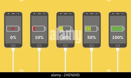 Set di smartphone con indicatori del livello di carica della batteria. Smartphone con batteria scarica e completamente carica. Illustrazione Vettoriale