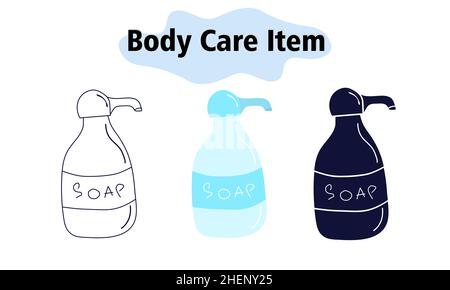 Sapone liquido in bottiglia con dispenser. Pulizia delle mani da sporco e batteri. Cura di sé. Nello stile a colori, solido e lineare. Illustrazione vettoriale. Illustrazione Vettoriale