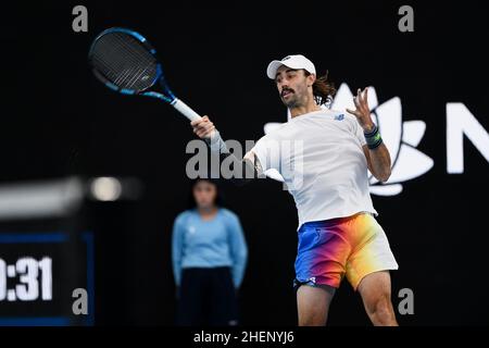 Sydney, Australia, 12 gennaio 2022. Jordan Thompson of Australia gioca una prima mano durante la Sydney Classic Tennis Match tra Jordan Thompson of Australia e Reilly Opelka of USA alla Ken Rosewall Arena il 12 gennaio 2022 a Sydney, Australia. Credit: Steven Markham/Speed Media/Alamy Live News Foto Stock