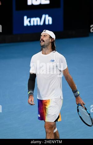Sydney, Australia, 12 gennaio 2022. Jordan Thompson of Australia Emotional durante la Sydney Classic Tennis Match tra Jordan Thompson of Australia e Reilly Opelka of USA alla Ken Rosewall Arena il 12 gennaio 2022 a Sydney, Australia. Credit: Steven Markham/Speed Media/Alamy Live News Foto Stock