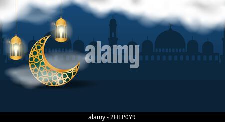 sfondo per ramadan kareem con luna d'oro, lanterna e realistiche nuvole.spazio copia. disegno vettoriale Illustrazione Vettoriale