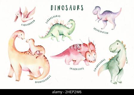Dino carino acquerello. Dinosauri insieme isolato su uno sfondo bianco Illustrazione disegnata a mano, Baby doccia invito bambini compleanno jurassic party. Carto Foto Stock