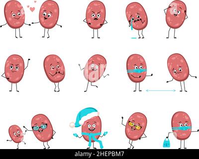 Simpatico personaggio salsiccia con emozioni felici o tristi, panico, viso amorevole o coraggioso, mani e gambe. Pasto divertente o spuntino di carne con maschera, bicchieri o cappello. Illustrazione piatta vettoriale Illustrazione Vettoriale