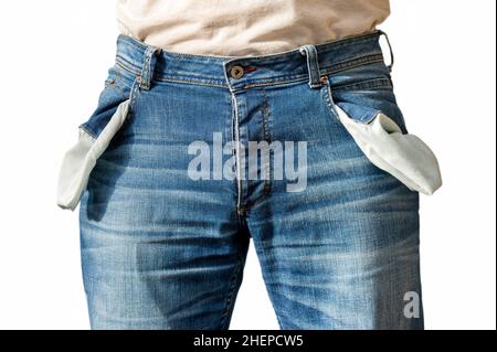 Verso l'esterno le tasche dei pantaloni come segno di una mancanza di soldi Foto Stock