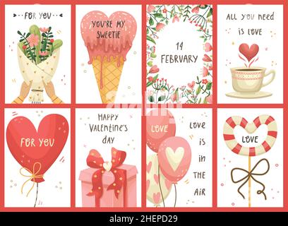 Set vettoriale di biglietti di auguri per il giorno di San Valentino. Stile piatto Illustrazione Vettoriale