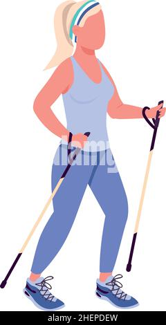 Donna sul nordic walk semi piatto colore carattere vettoriale Illustrazione Vettoriale