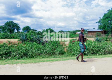 Aggressivo Hamer Tribe persone sulla strada rurale verde Foto Stock