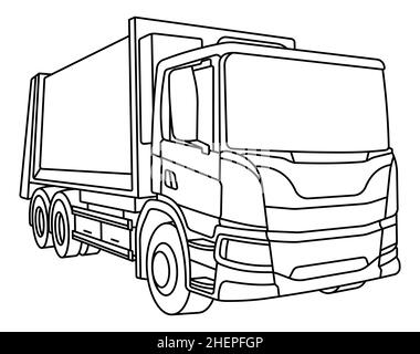 Disegno lineare per bambini per libro da colorare. Autocarro per attrezzature da costruzione pesanti, veicolo per raccolta rifiuti in linea. Macchinari e attrezzature industriali. V isolato Illustrazione Vettoriale