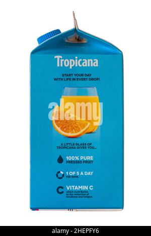 Informazioni su cartone di Tropicana arancione liscio senza punte succo bere 100% puro frutta pressata isolato su sfondo bianco Foto Stock