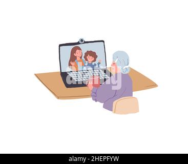 Cartoon flat vecchia donna personaggio parlare con la famiglia online, utilizzando di app per le videochiamate concetto di illustrazione vettoriale Illustrazione Vettoriale