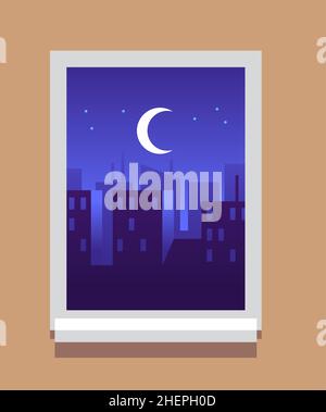 Notte città in cornice finestra. Cielo scuro con silhouette degli edifici dalla vista interna piana Illustrazione Vettoriale