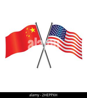 USA e Cina bandiere in alleanza di rapporto o contro vettore incrociato isolato su sfondo bianco Illustrazione Vettoriale