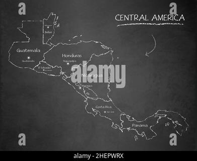 Mappa America centrale, separa stati e nomi, scheda di disegno lavagna vettore Illustrazione Vettoriale