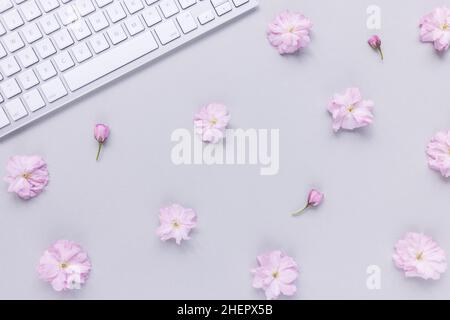 Tastiera per computer su sfondo rosa primavera con fiori in fiore di ciliegio. Studiare, imparare a distanza, freelance, lifestyle, concetto di shopping del Internet. Vista dall'alto, disposizione piatta, spazio di copia Foto Stock